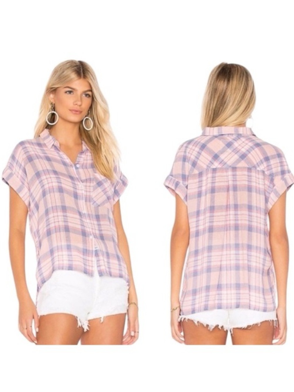 Rails Whitney Peach Blush Blue Plaid Short-Sleeve Linen/Rayon Button Down Shirt